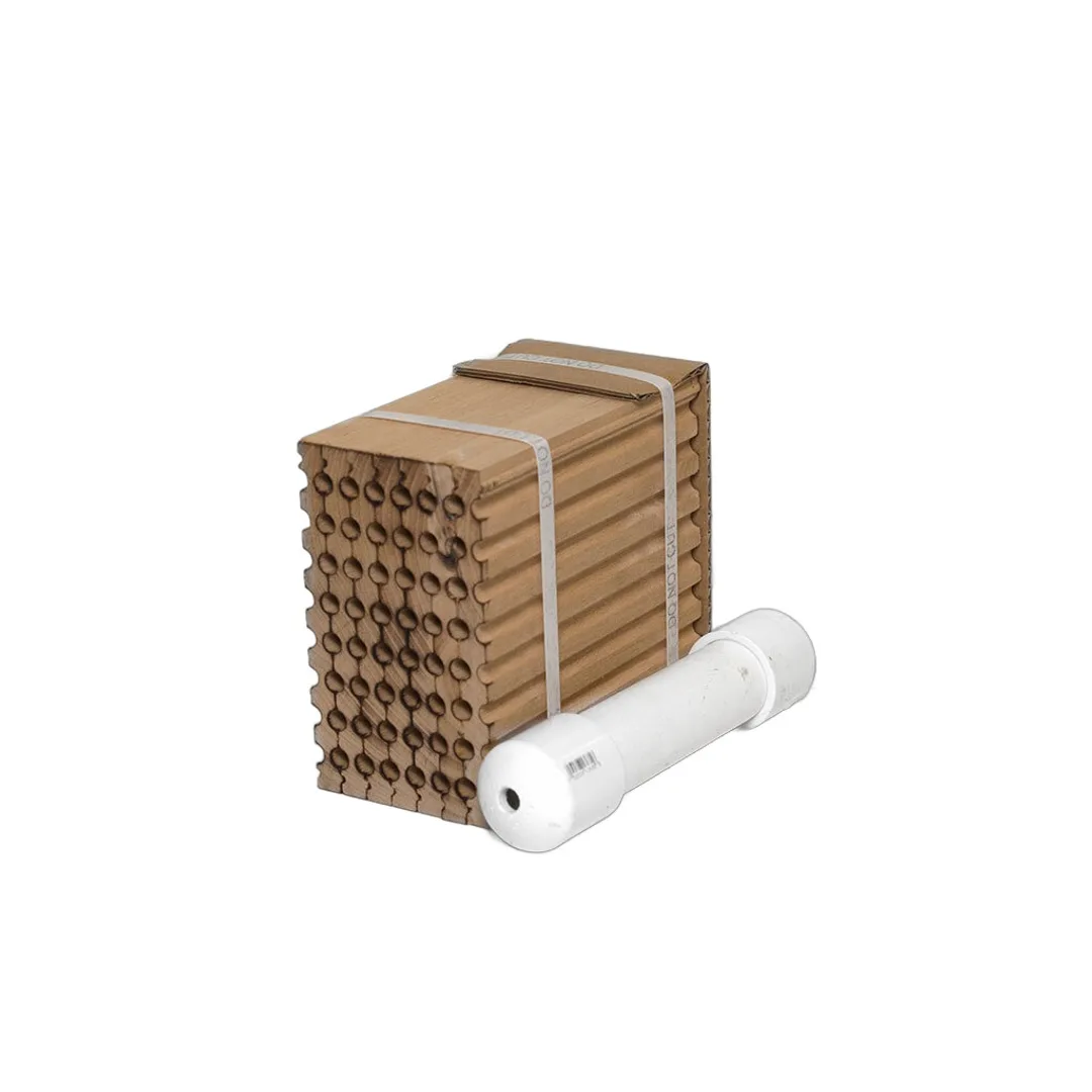 Mason bee nesting block with a white emergence tube