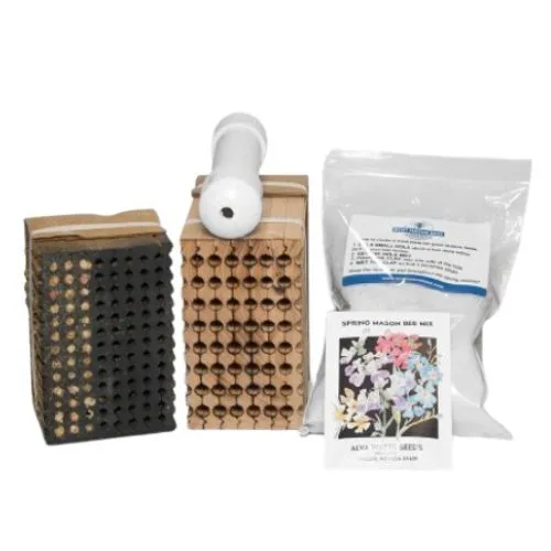 Pollinator refill with mason and leafcutter nesting blocks, emergence tube, clay, and spring mix