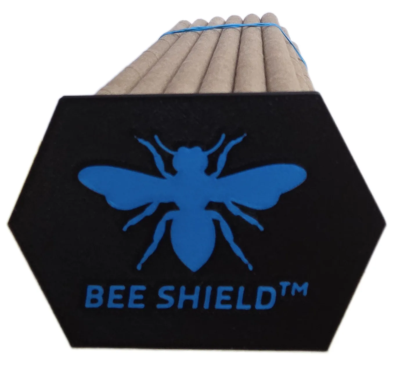BEE SHIELD on a bundle of cardboard nesting tubes