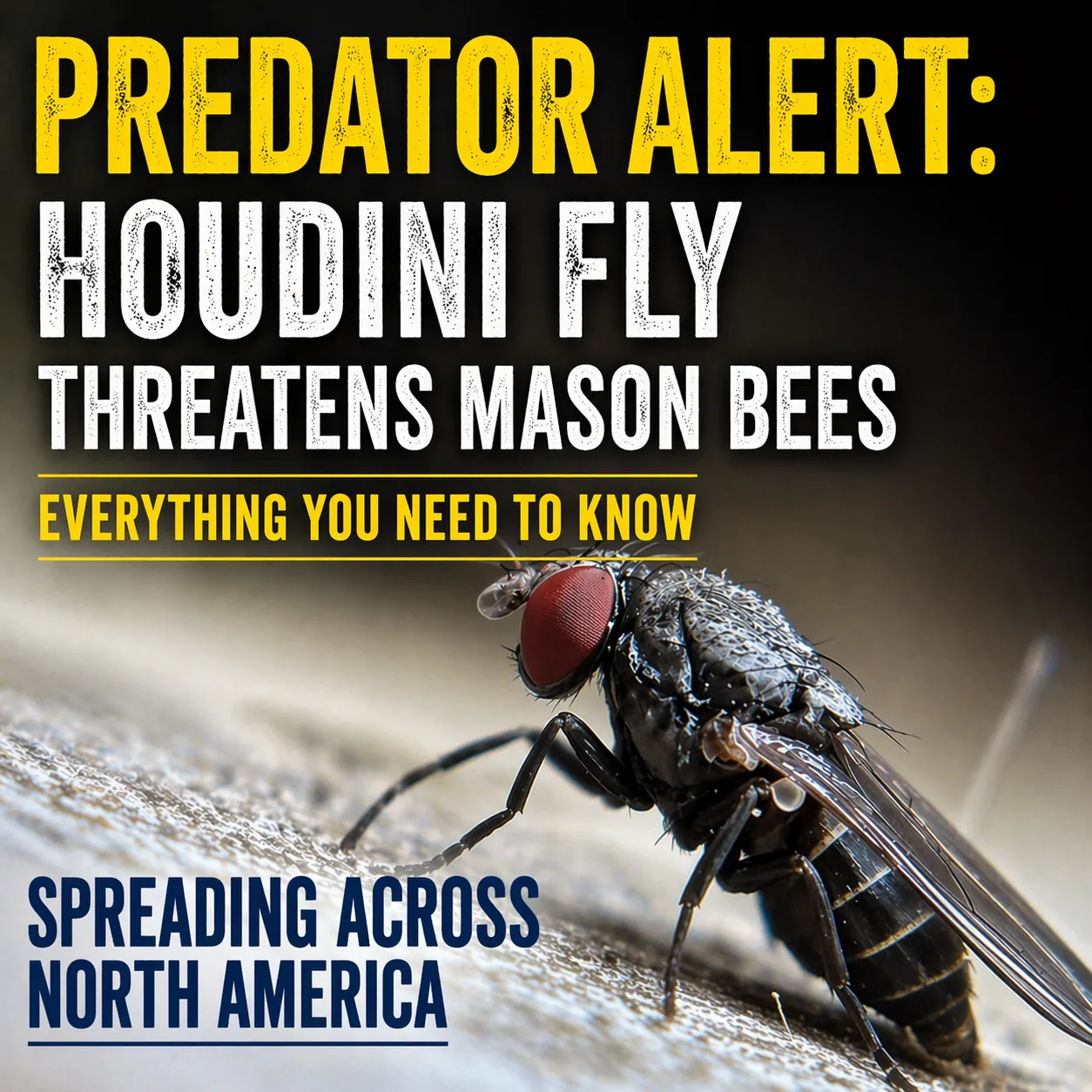Poster of a Houdini fly with red eyes, titled Predator Alert: Houdini Fly Threatens Mason Bees.
