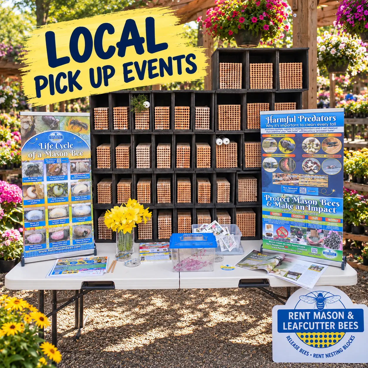 Local Pick Up Events graphic: a Rent Mason Bees display table with nesting blocks, Life Cycle of a Mason Bee and Harmful Predators banners, and a Rent Mason & Leafcutter Bees sign at a garden nursery.