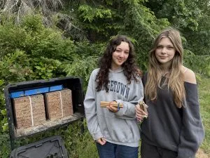 Two girls stand beside an open bee house packed with nesting blocks