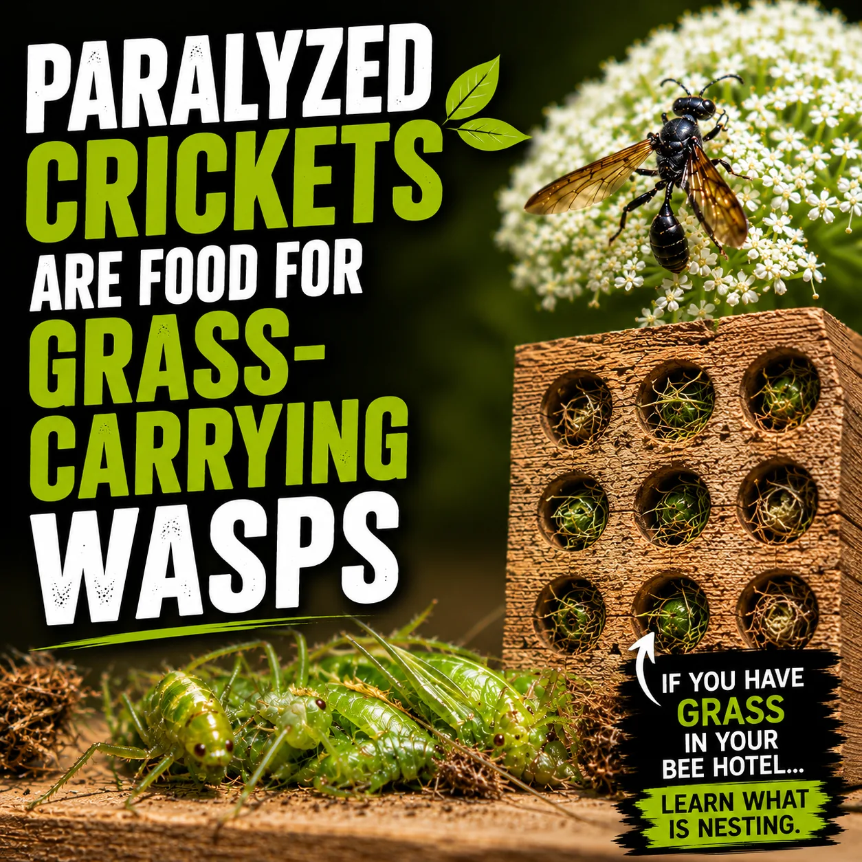A cricket stored in a grass-carrying wasp nest