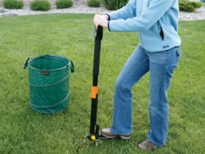 A person uses a stand-up weed puller on a lawn, next to a green garden bag